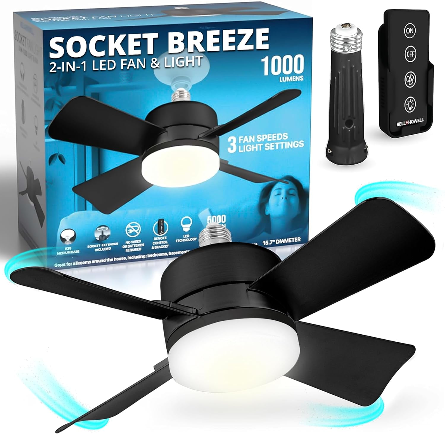 Bell+Howell Socket Breeze Socket Fan Light with Remote, Portable Small Ceiling Fans with Lights for Bedroom, Ceiling Fan with Light 3500K, 1000 Lumens, Screws into E26/E27, Black
